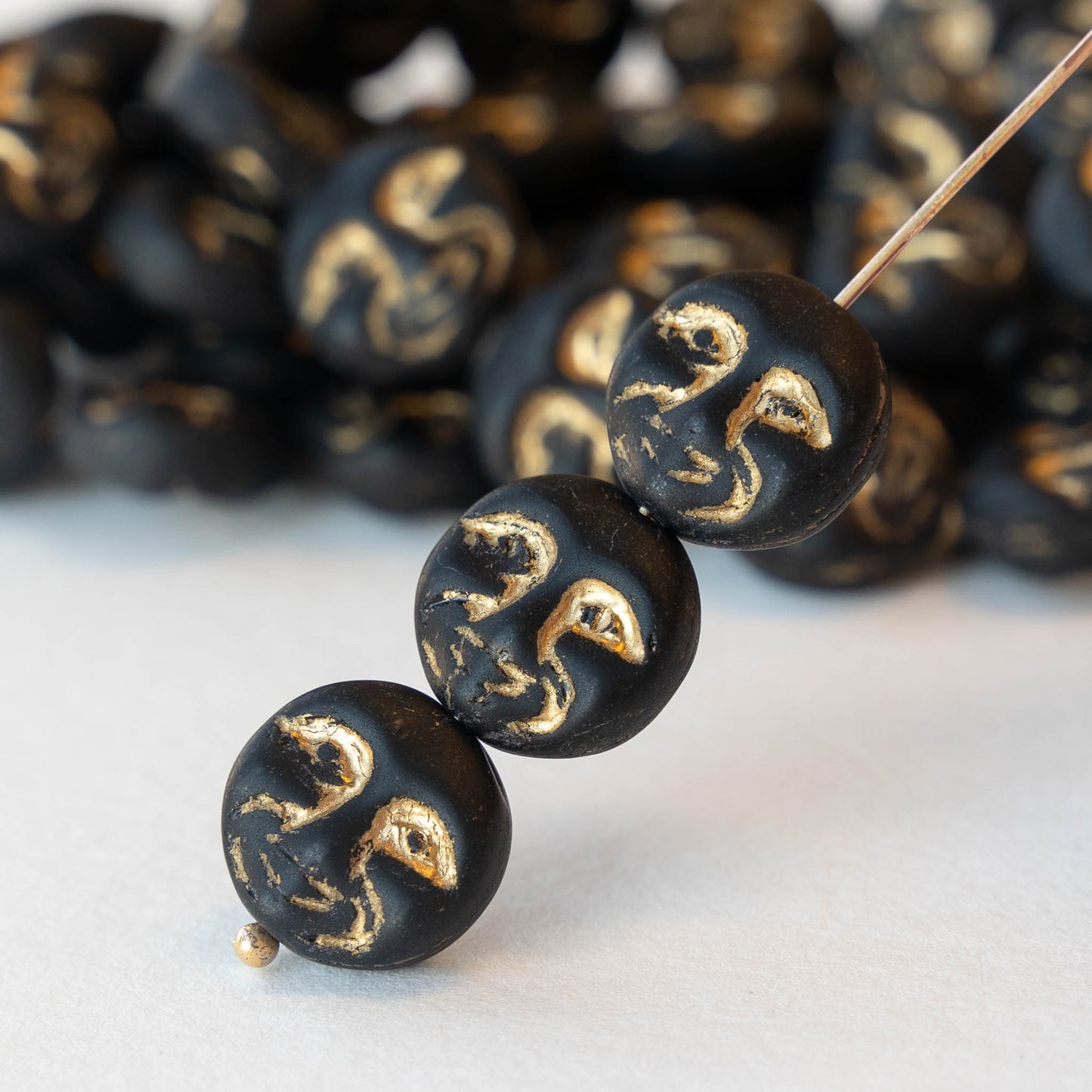 13mm Glass  Moon Coin - Black with Gold Wash - 6 beads