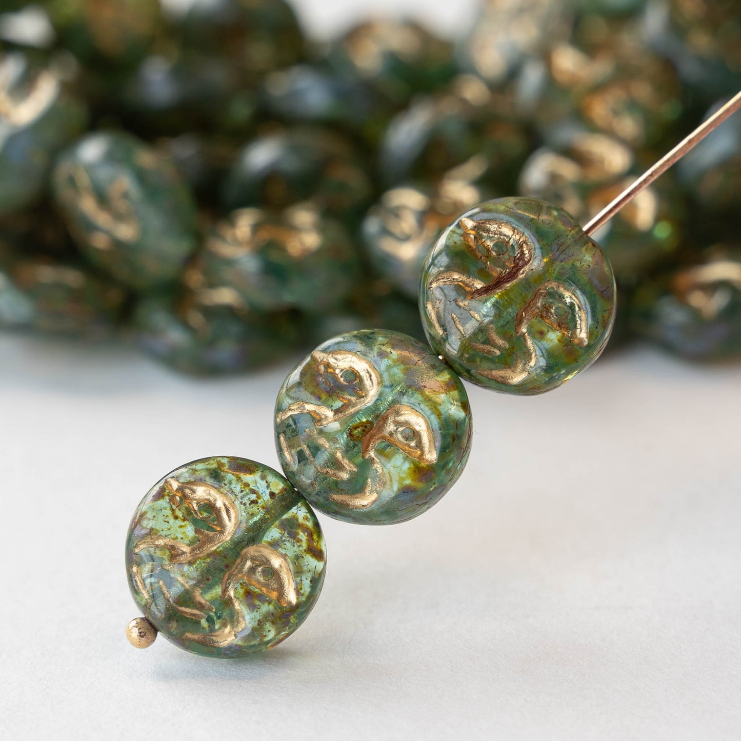 13mm Full Moon Coin Beads - Aqua Green with Picasso Finish and Gold Wash - 6 beads