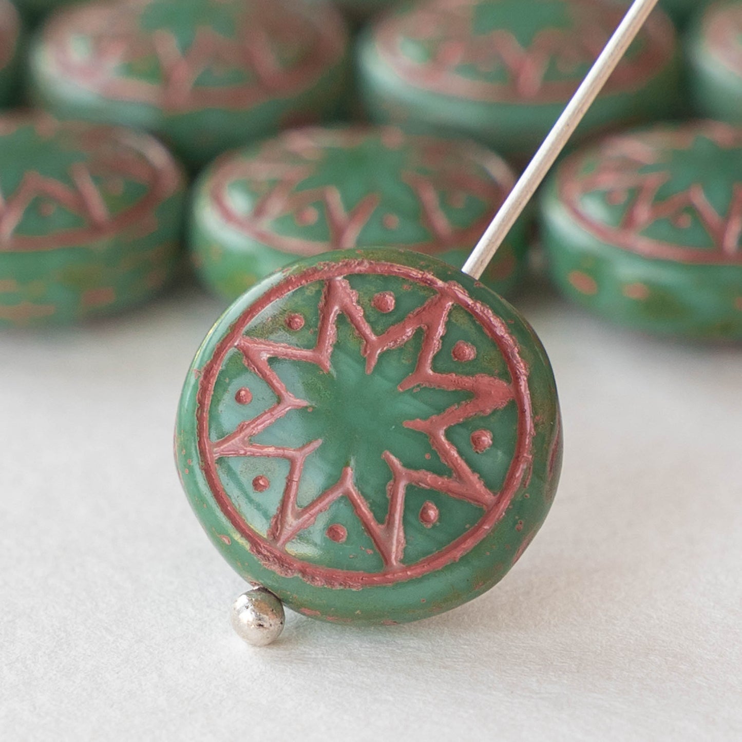 13mm Star of Ishtar - Green with Red Wash - 6 beads