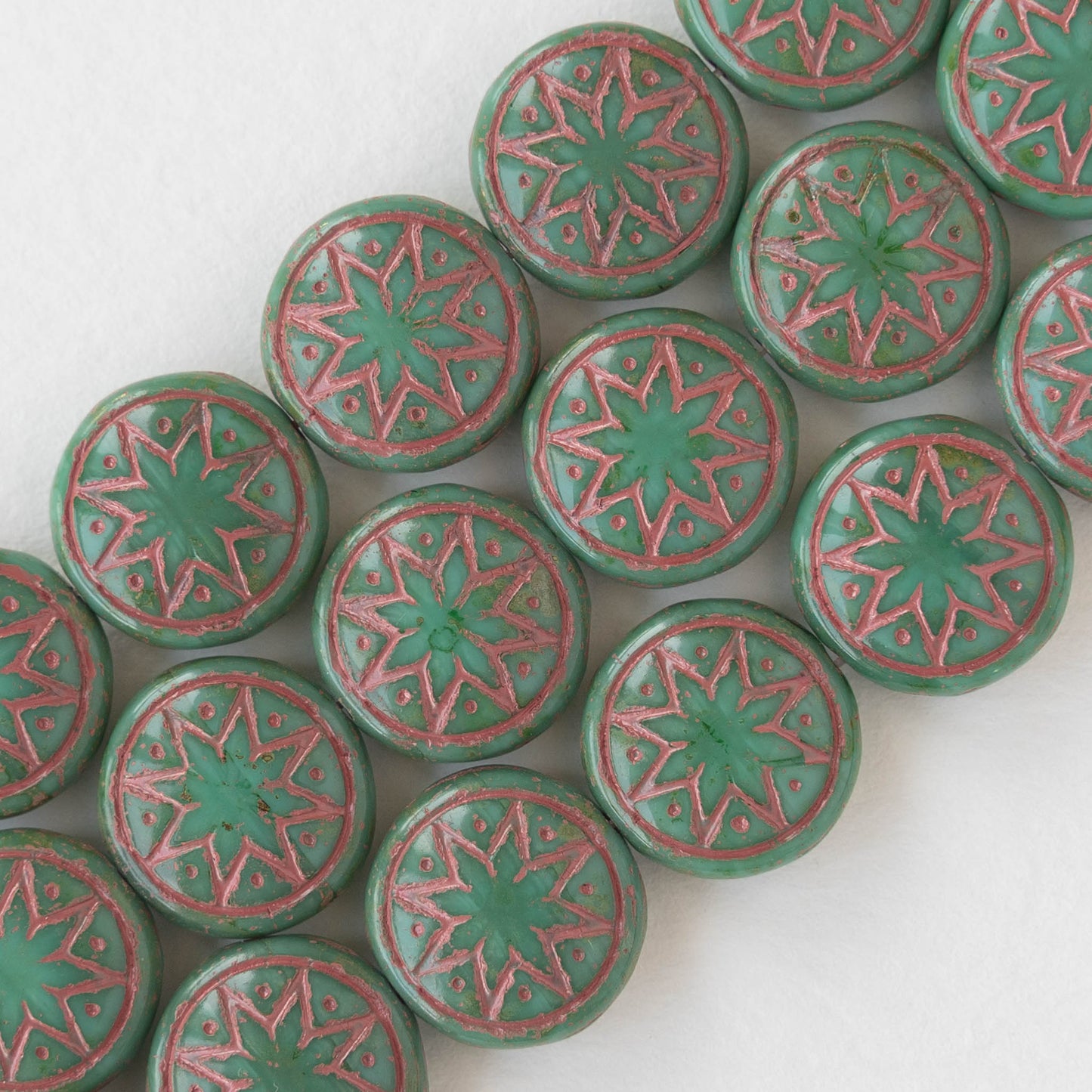 13mm Star of Ishtar - Green with Red Wash - 6 beads