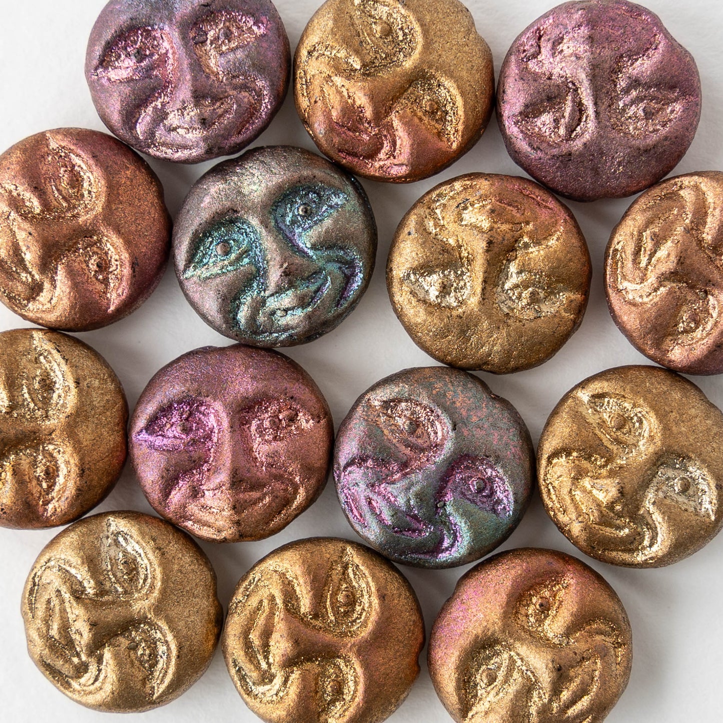 13mm Glass Moon Face Beads - Matte Gold Iris - 6 or 12 beads