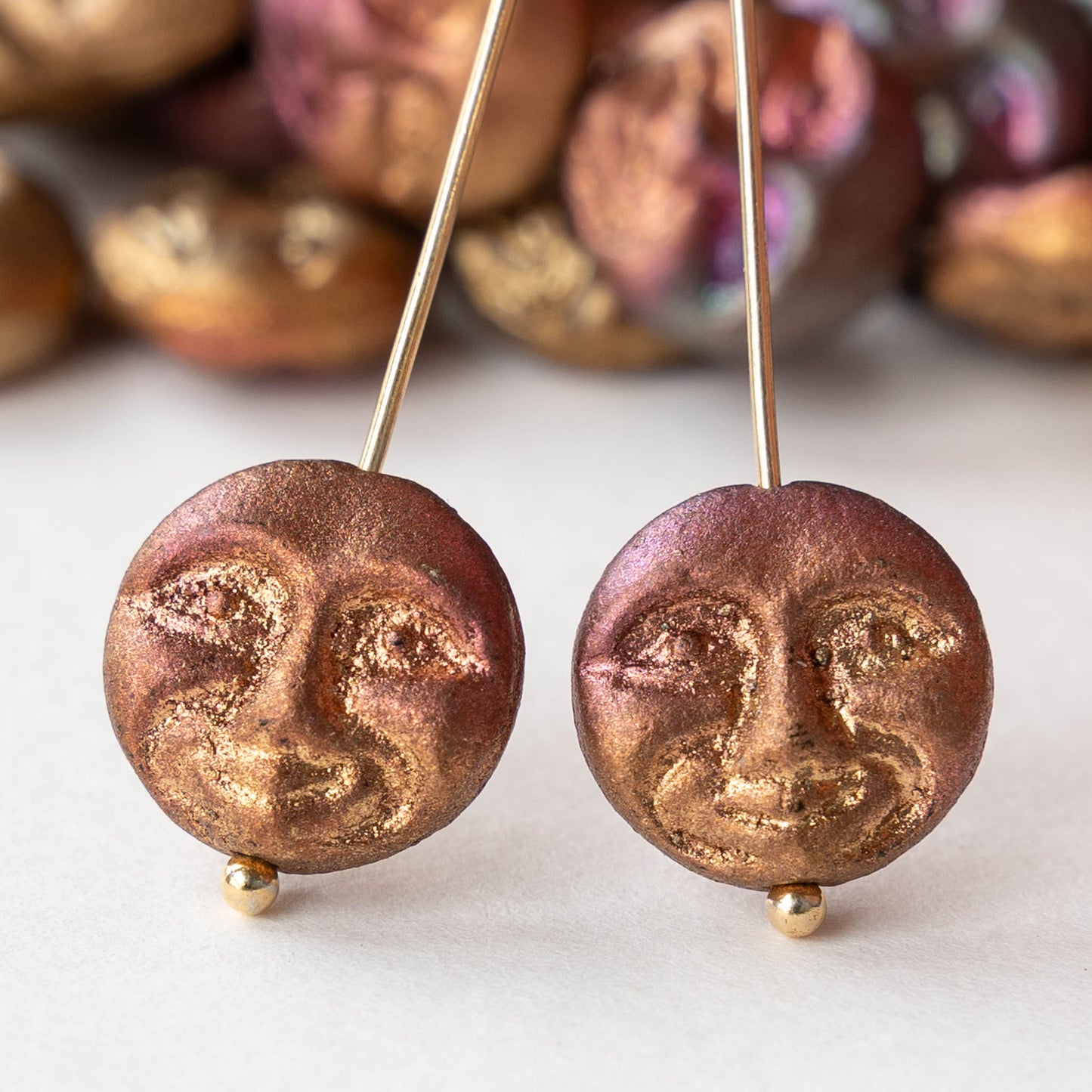 13mm Glass Moon Face Beads - Matte Gold Iris - 6 or 12 beads