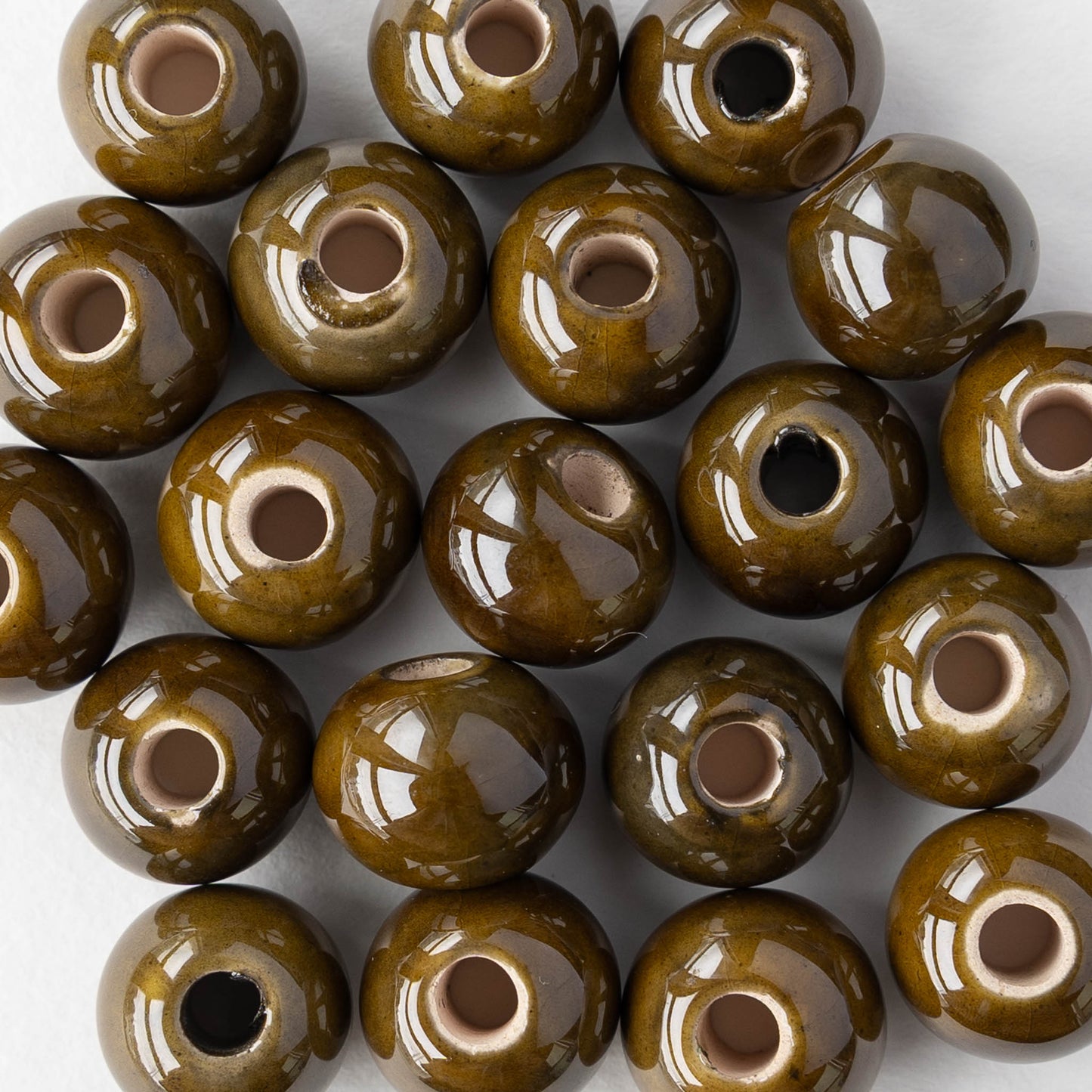 10-13mm Glazed Ceramic Round Beads - Olive - 6 or 18 beads
