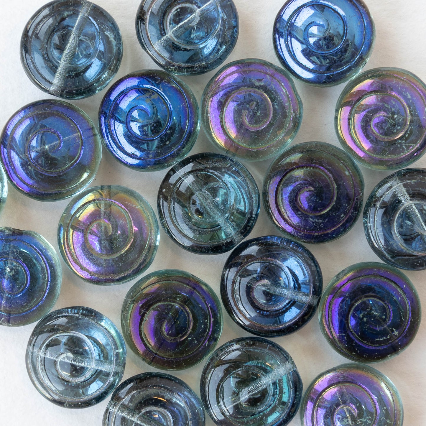 13mm Spiral Coin Beads - Aqua Azuro - 10 beads