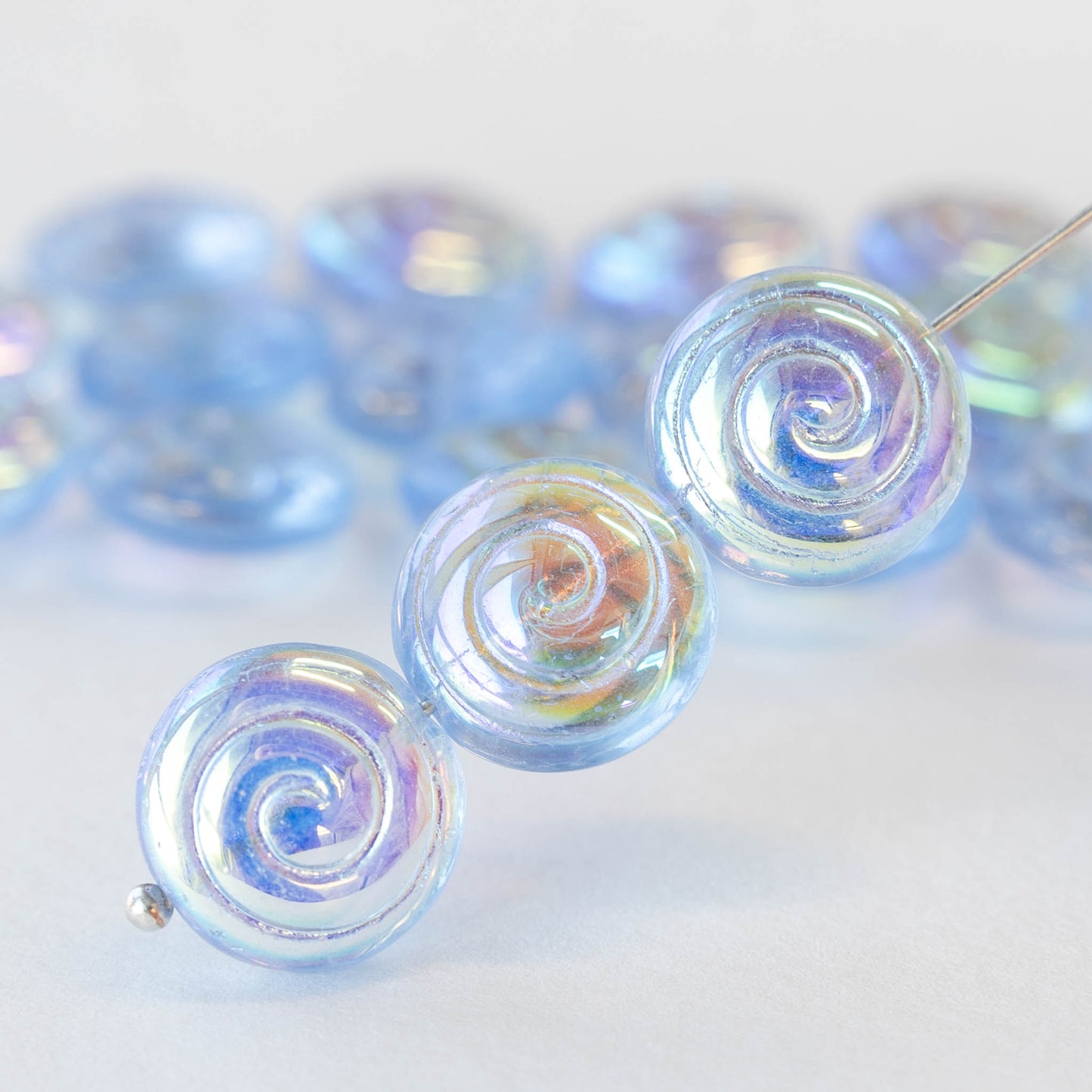13mm Spiral Coin Beads - Light Blue AB - 10 beads