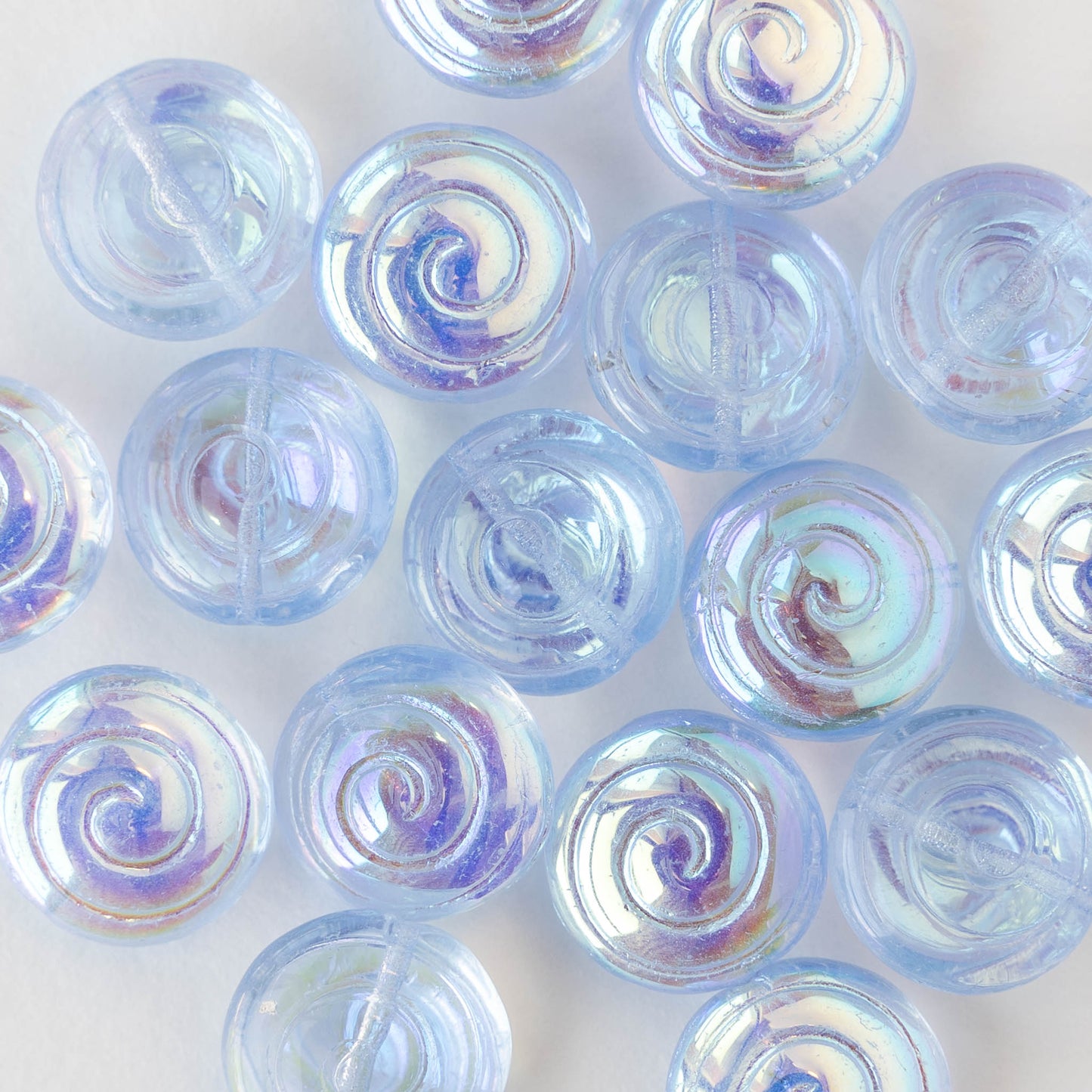 13mm Spiral Coin Beads - Light Blue AB - 10 beads