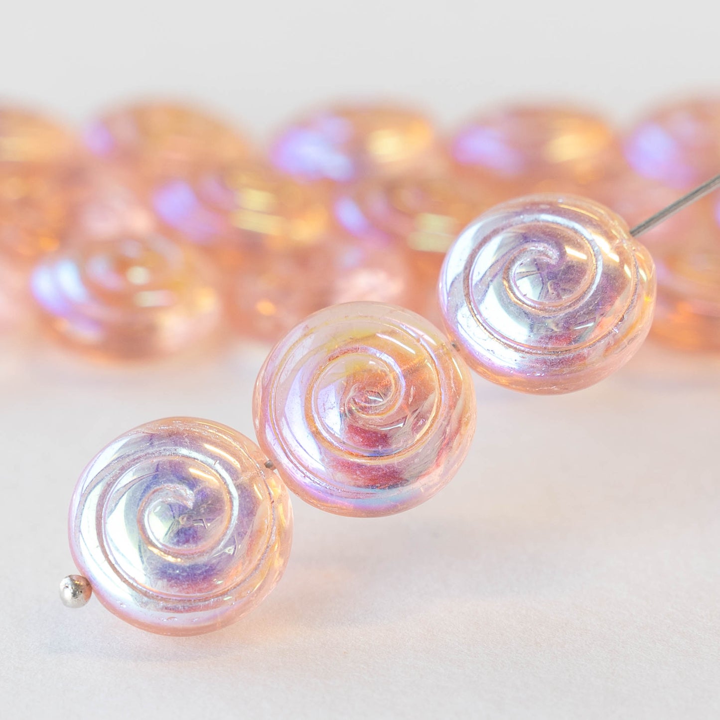 13mm Spiral Coin Beads - Pink AB - 10 beads