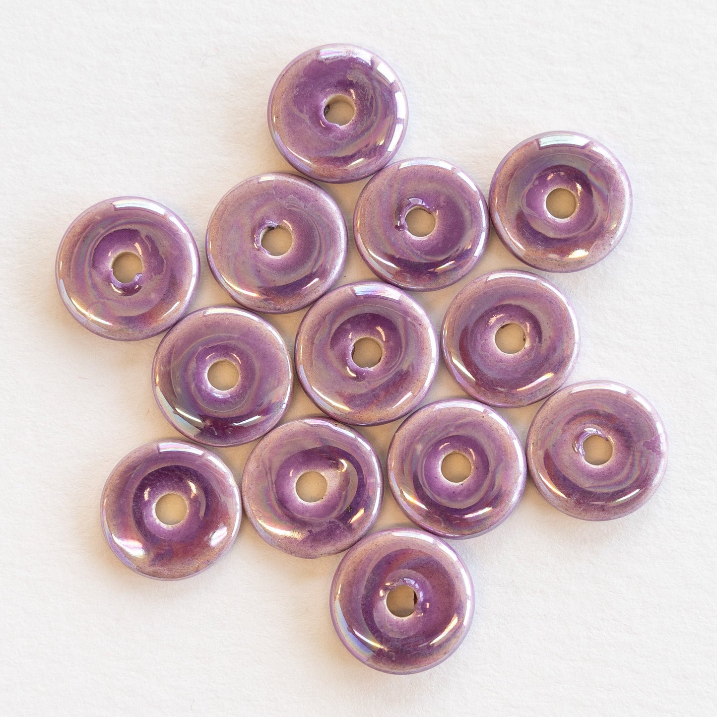 13mm Glazed Ceramic Disk Beads - Iridescent Purple Passion - 6 or 18