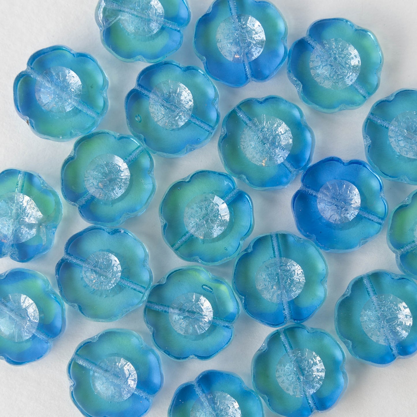 14mm Glass Flower Beads -  Subtle Seafoam Blue Mix - 10 beads