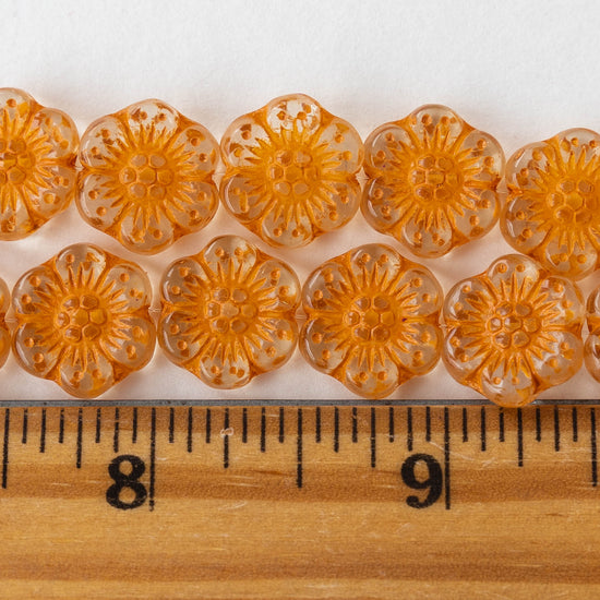 14mm Anemone Flower Beads - Crystal with Orange Wash - 10 Beads