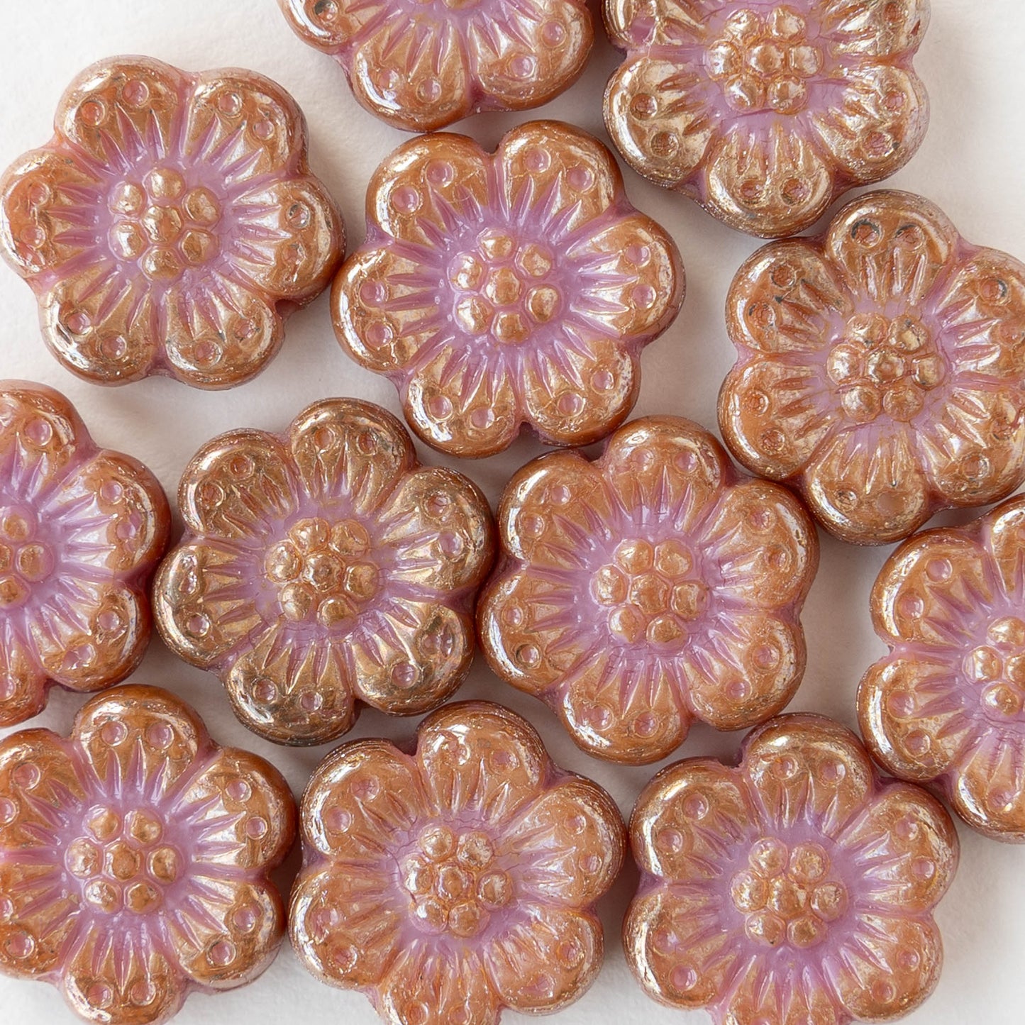14mm Glass Flower Beads - Opaque Peach Luster - 12 Beads