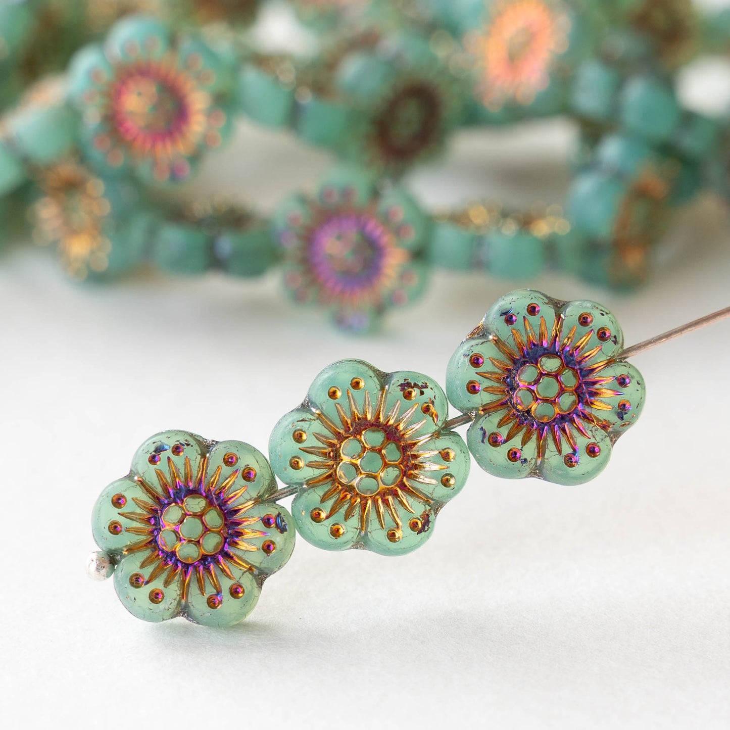 14mm Glass Flower Beads - Matte Seafoam Iris - 6 or 18 Beads