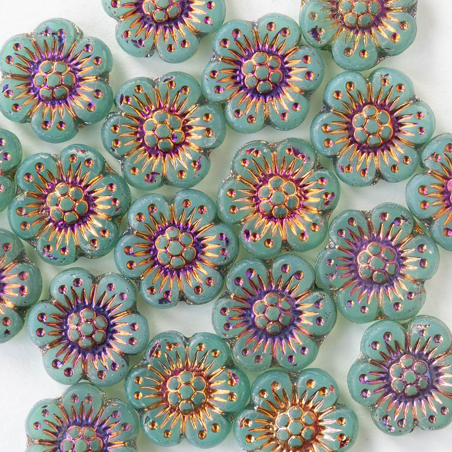 14mm Glass Flower Beads - Matte Seafoam Iris - 6 or 18 Beads