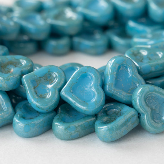 14mm Heart Beads - Lt. Turquoise with Blue - 10 hearts