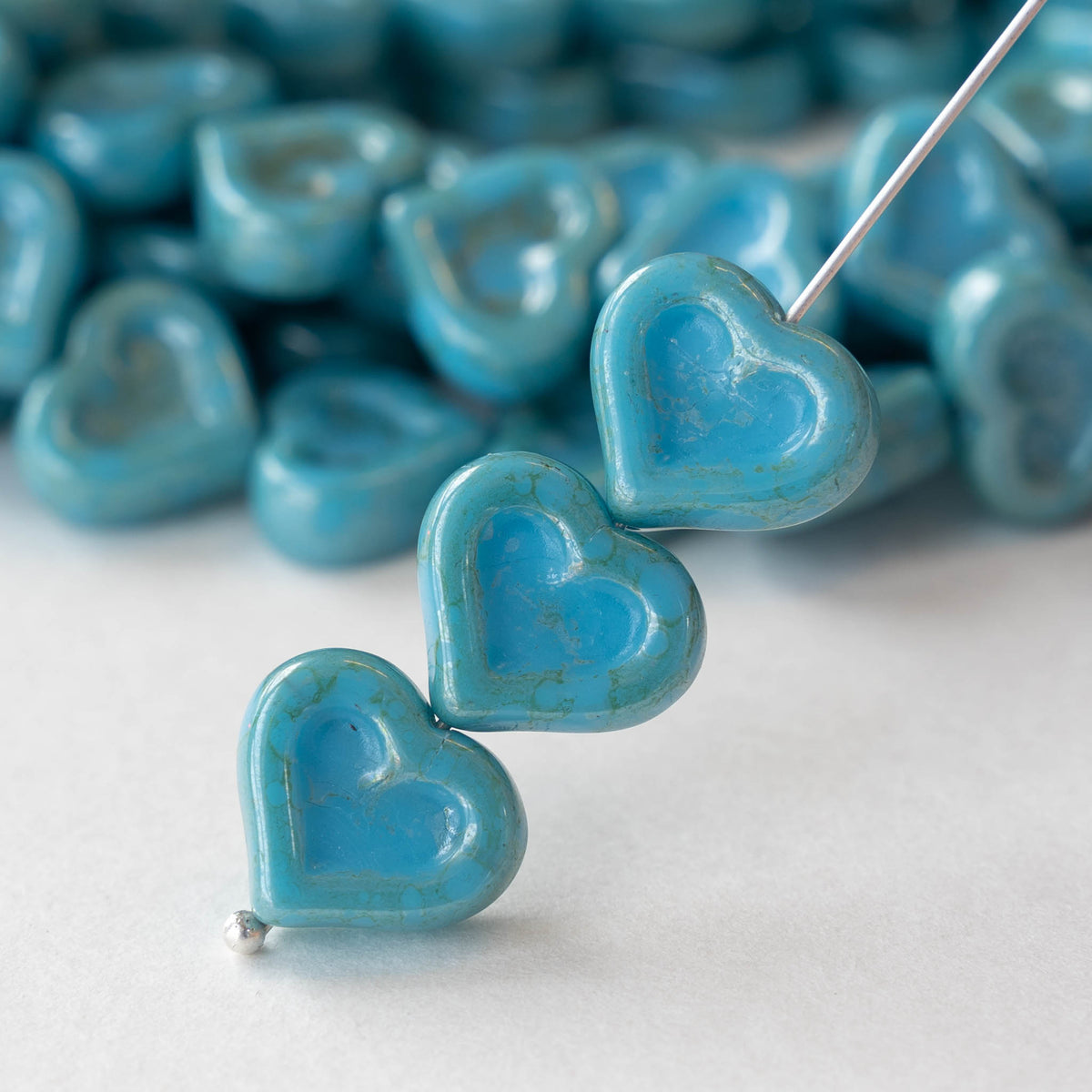 14mm Heart Beads - Lt. Turquoise with Blue - 10 hearts