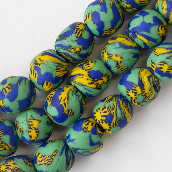 Round Krobo Beads - 14mm - Blue Green Yellow - 19 beads