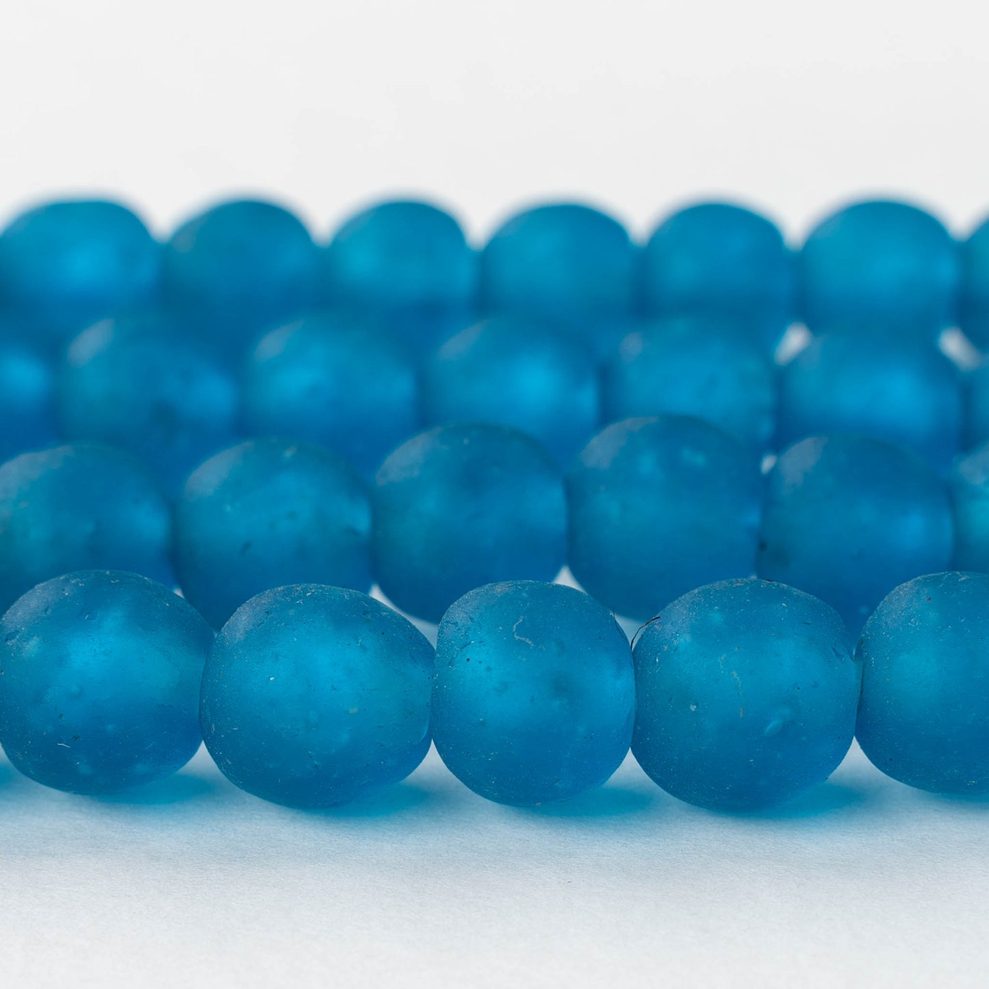 14mm Round Ghana Glass Beads - Matte Dark Aqua Blue - Whole or Half Strand