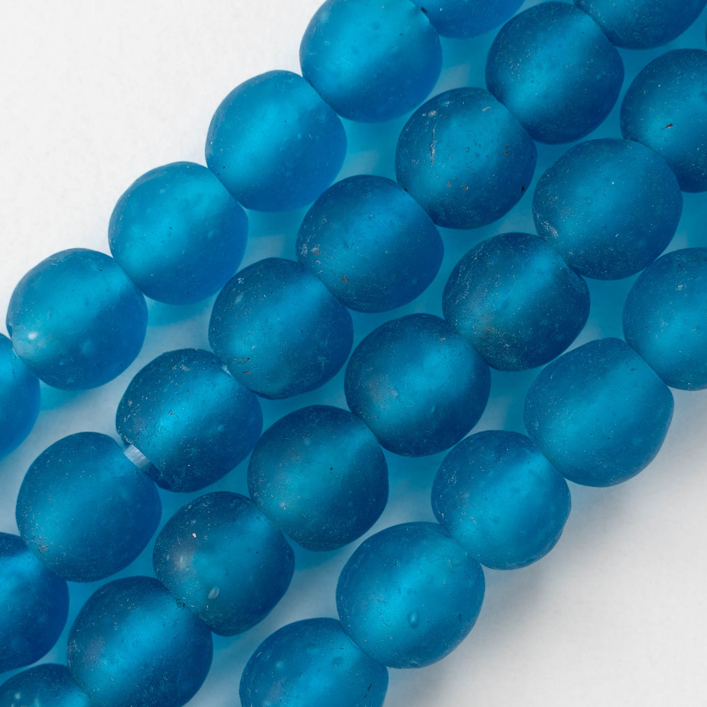 14mm Round Ghana Glass Beads - Matte Dark Aqua Blue - Whole or Half Strand