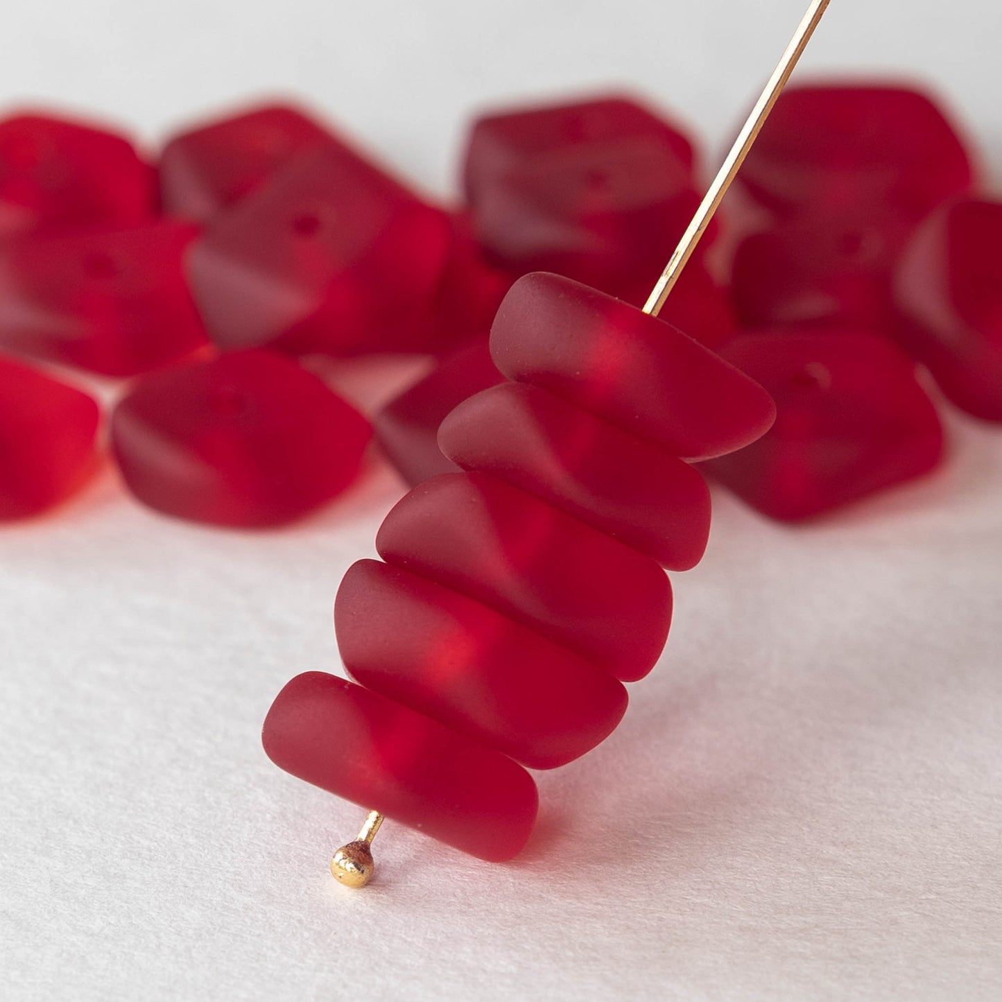 14mm Frosted Wavy Rondelle - Red - 10 Beads