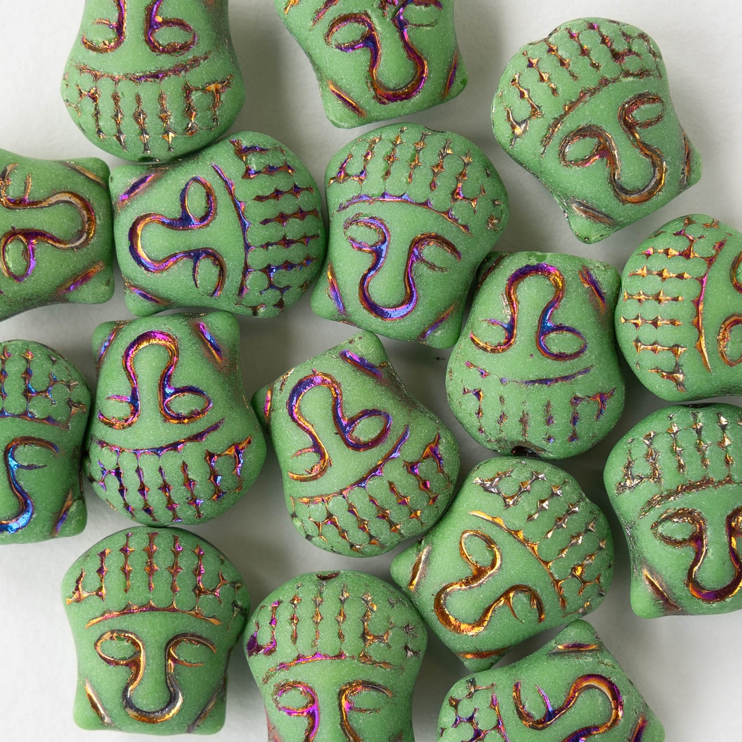 Glass Buddha Head Beads - Matte Green with Iris Wash - 4 beads