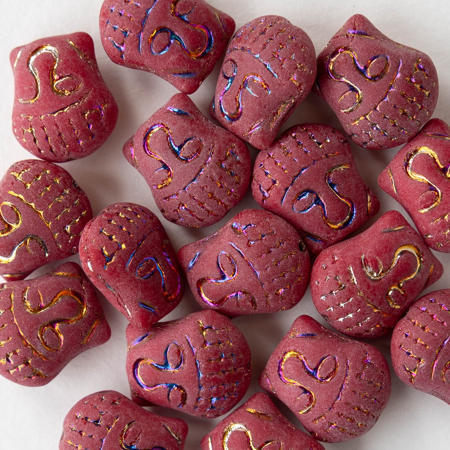 Glass Buddha Head Beads - Matte Red with Iris Wash - 4 beads
