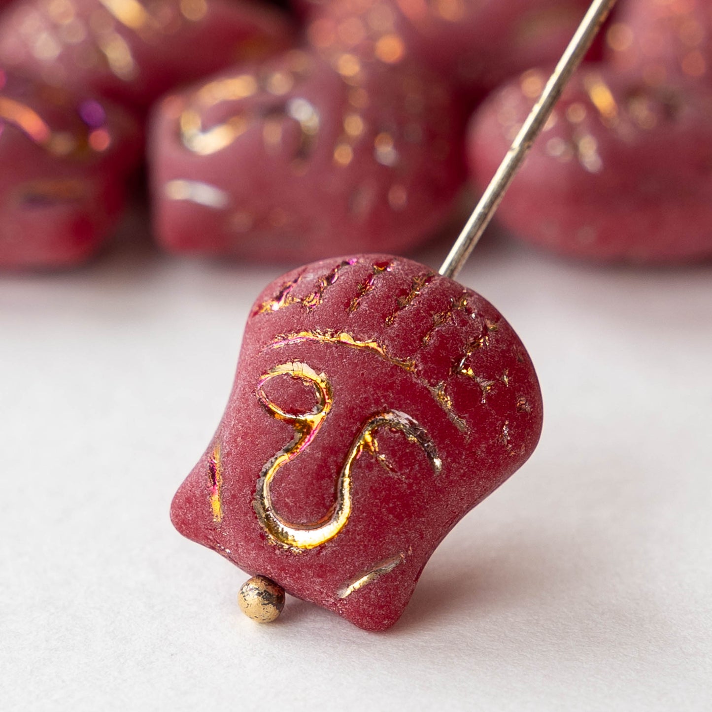 Glass Buddha Head Beads - Matte Red with Iris Wash - 4 beads