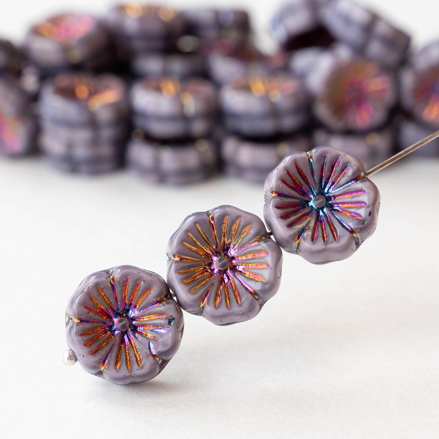 15mm Glass Flower Beads - Purple with Iris Wash - 6 or 12 beads