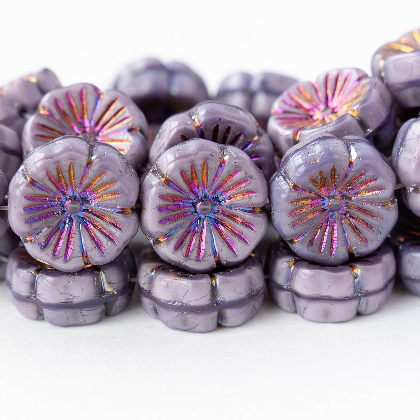 15mm Glass Flower Beads - Purple with Iris Wash - 6 or 12 beads
