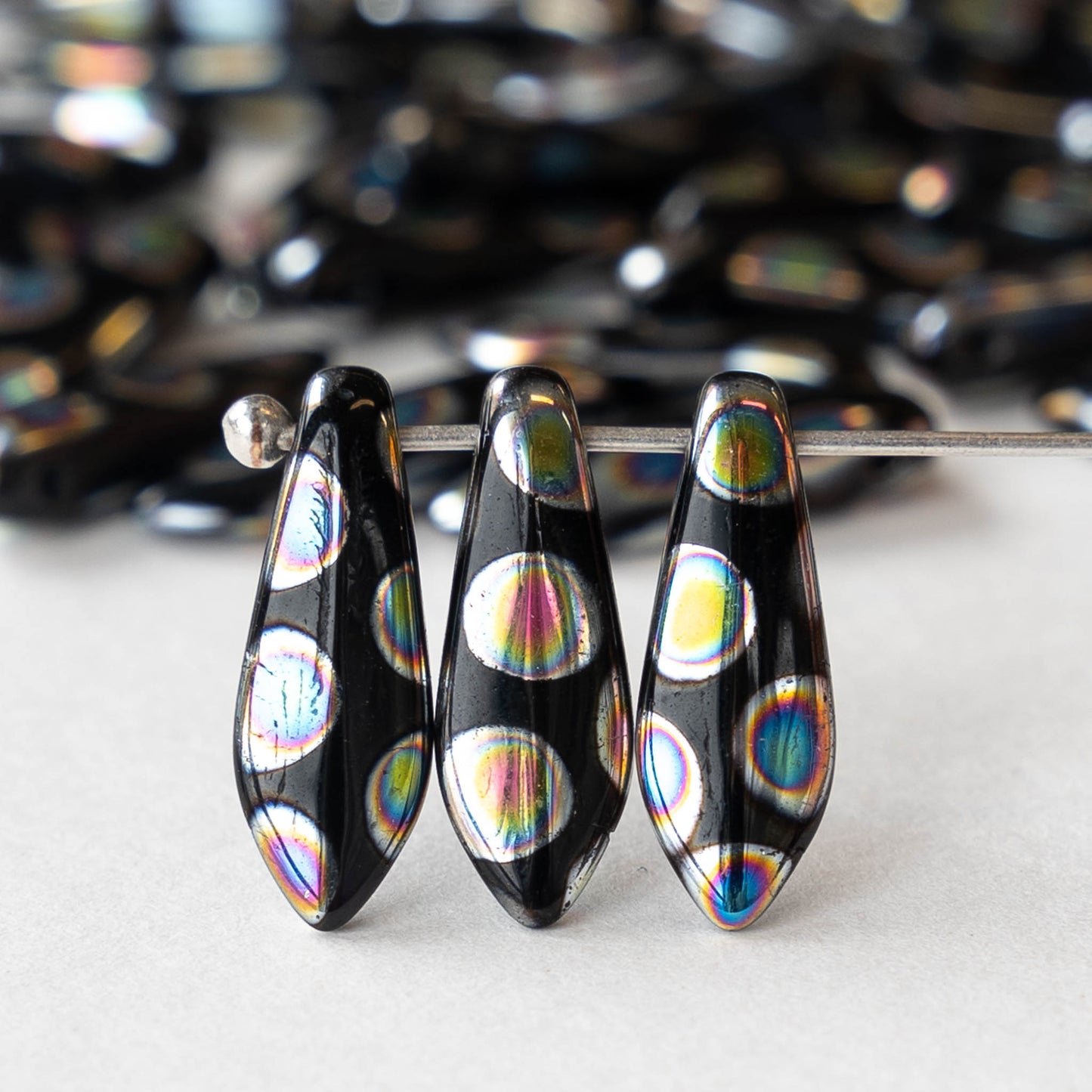 16mm Dagger Beads - Black Peacock  Dots - 50 beads