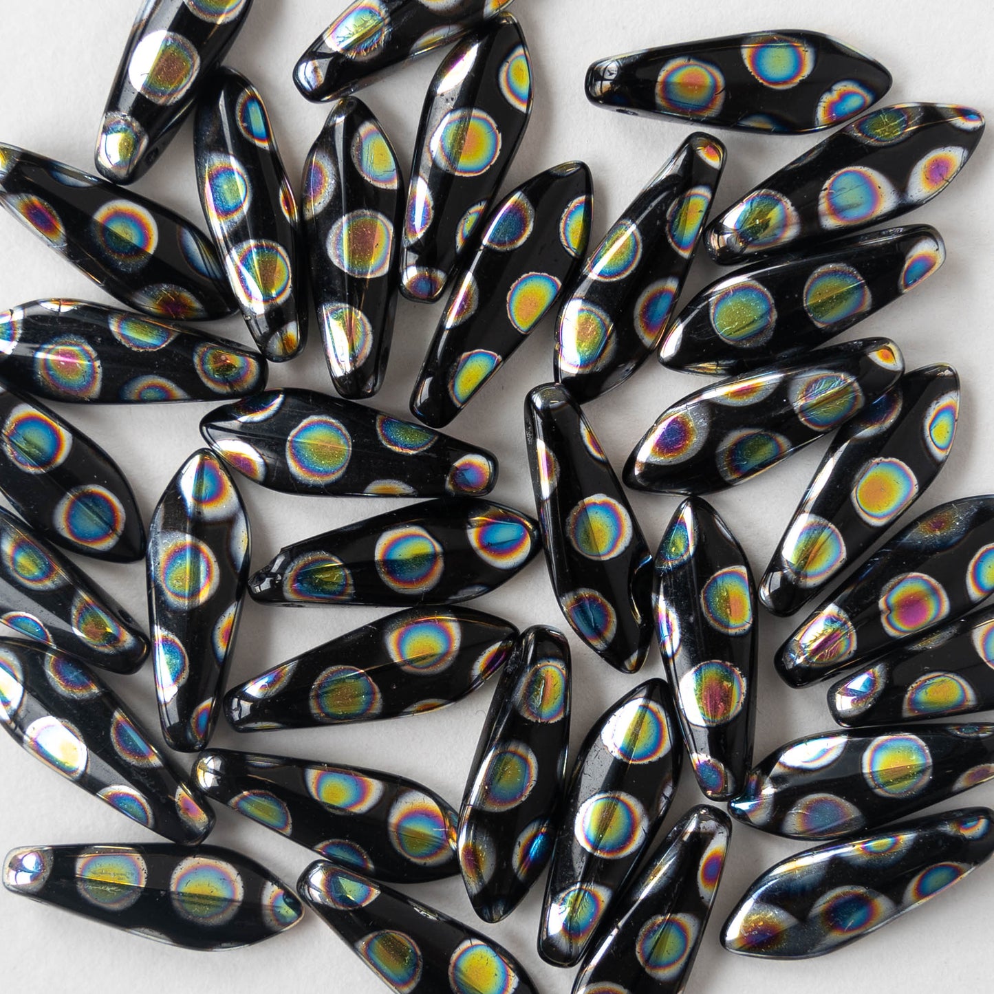 16mm Dagger Beads - Black Peacock  Dots - 50 beads
