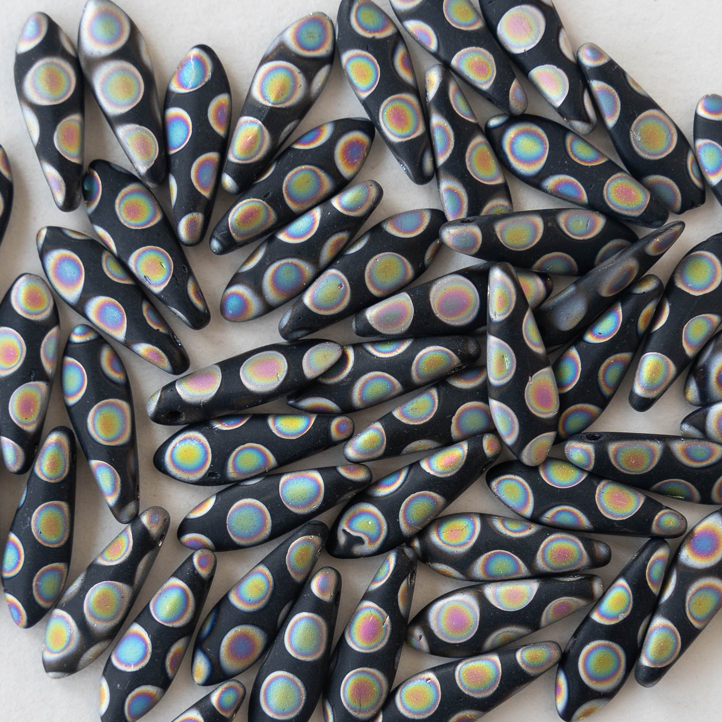 16mm Dagger Beads - Black Matte with Vitrail  Dots - 50 beads