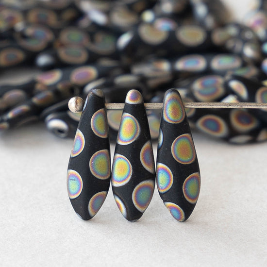 16mm Dagger Beads - Black Matte with Vitrail  Dots - 50 beads