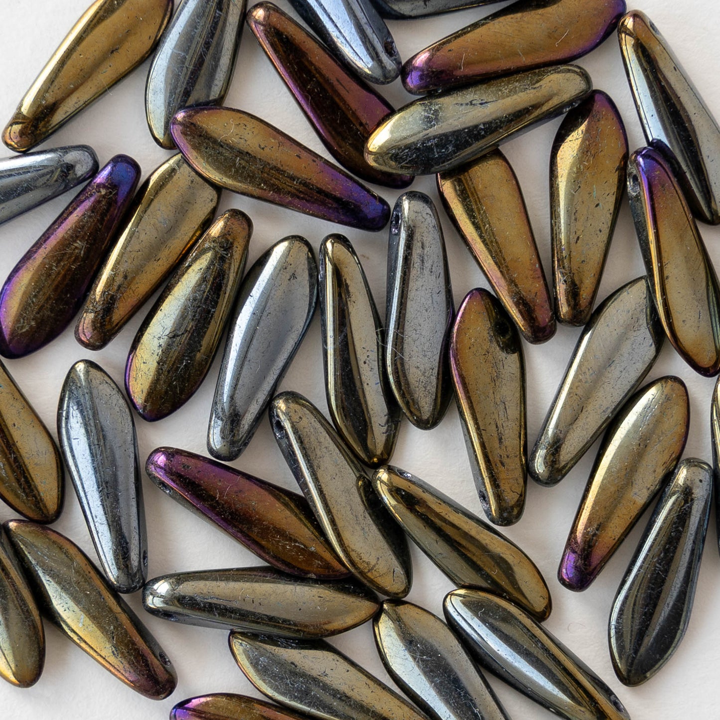16mm Glass Dagger Beads - Metallic Gold Silver Iris - 25 or 50 Beads