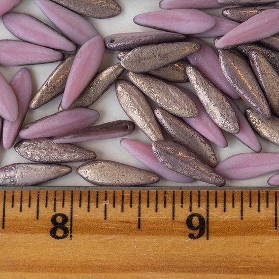 16mm Dagger Beads - Etched Pink with Bronze  - 50 beads
