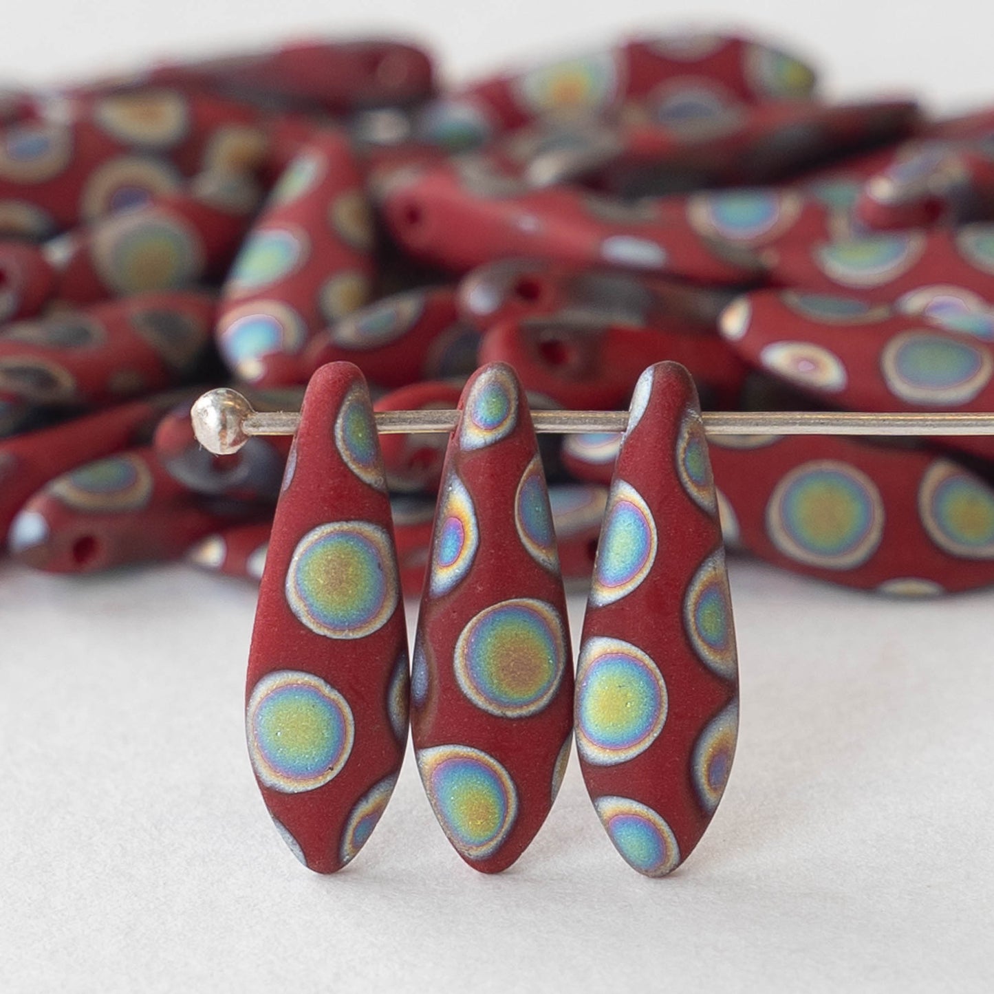 16mm Dagger Beads - Red Matte with Vitrail  Dots - 50 beads