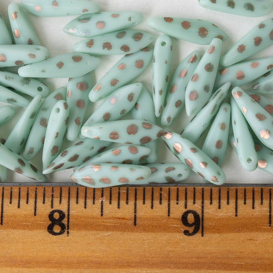 16mm Dagger Beads - Opaque Mint with Copper Dots  - 50 beads