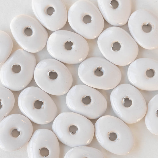 13-18mm Glazed Ceramic Disk Beads - White - 10 beads