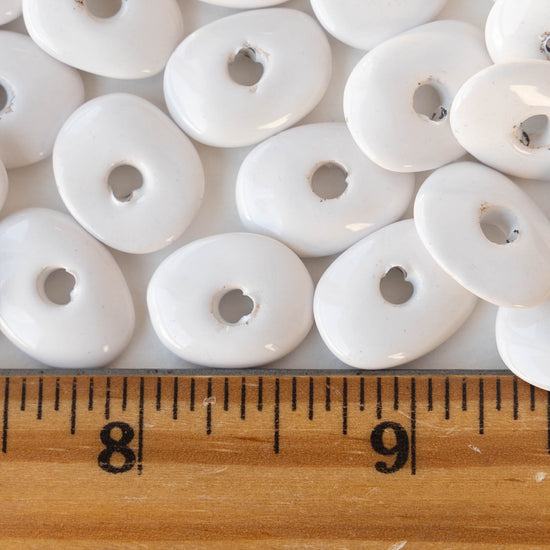 13-18mm Glazed Ceramic Disk Beads - White - 10 beads