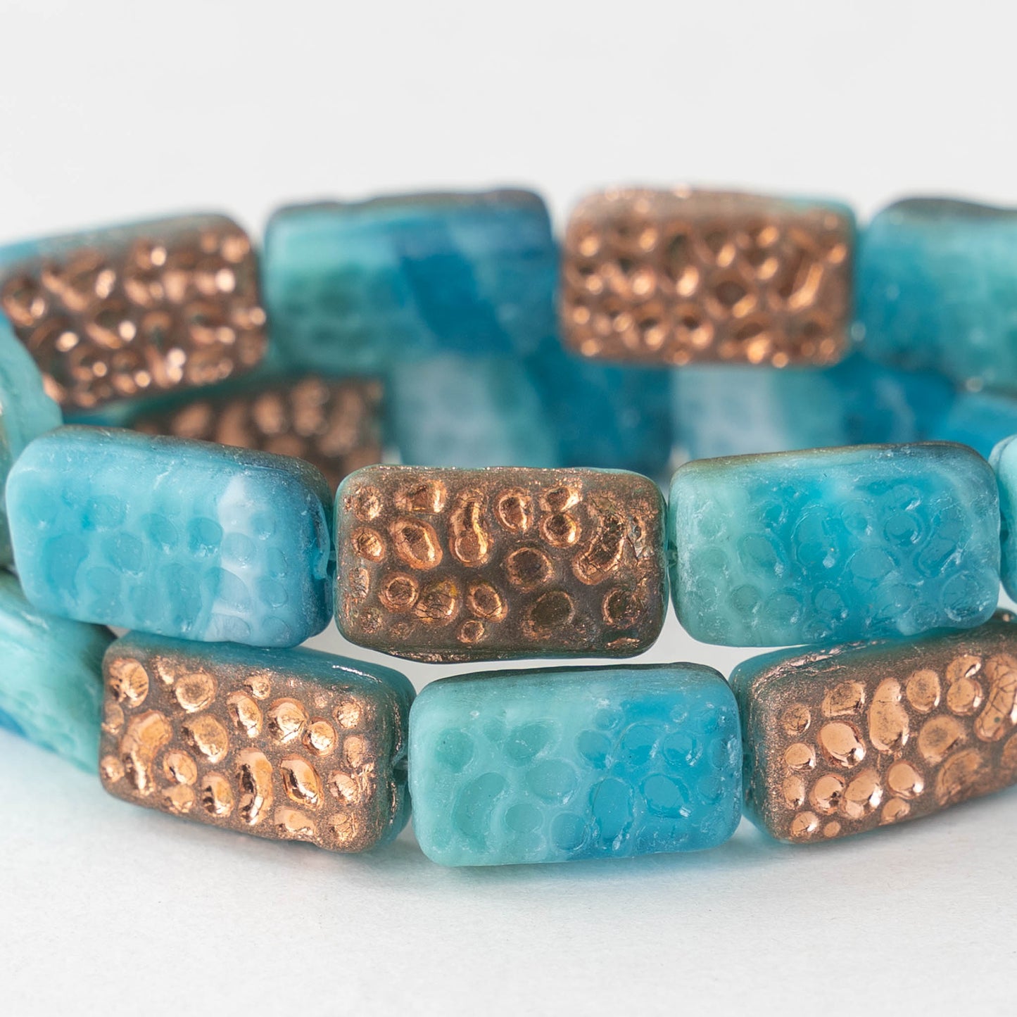 16mm Rectangle - Blue Aqua Mix with Copper Wash - 10 Beads