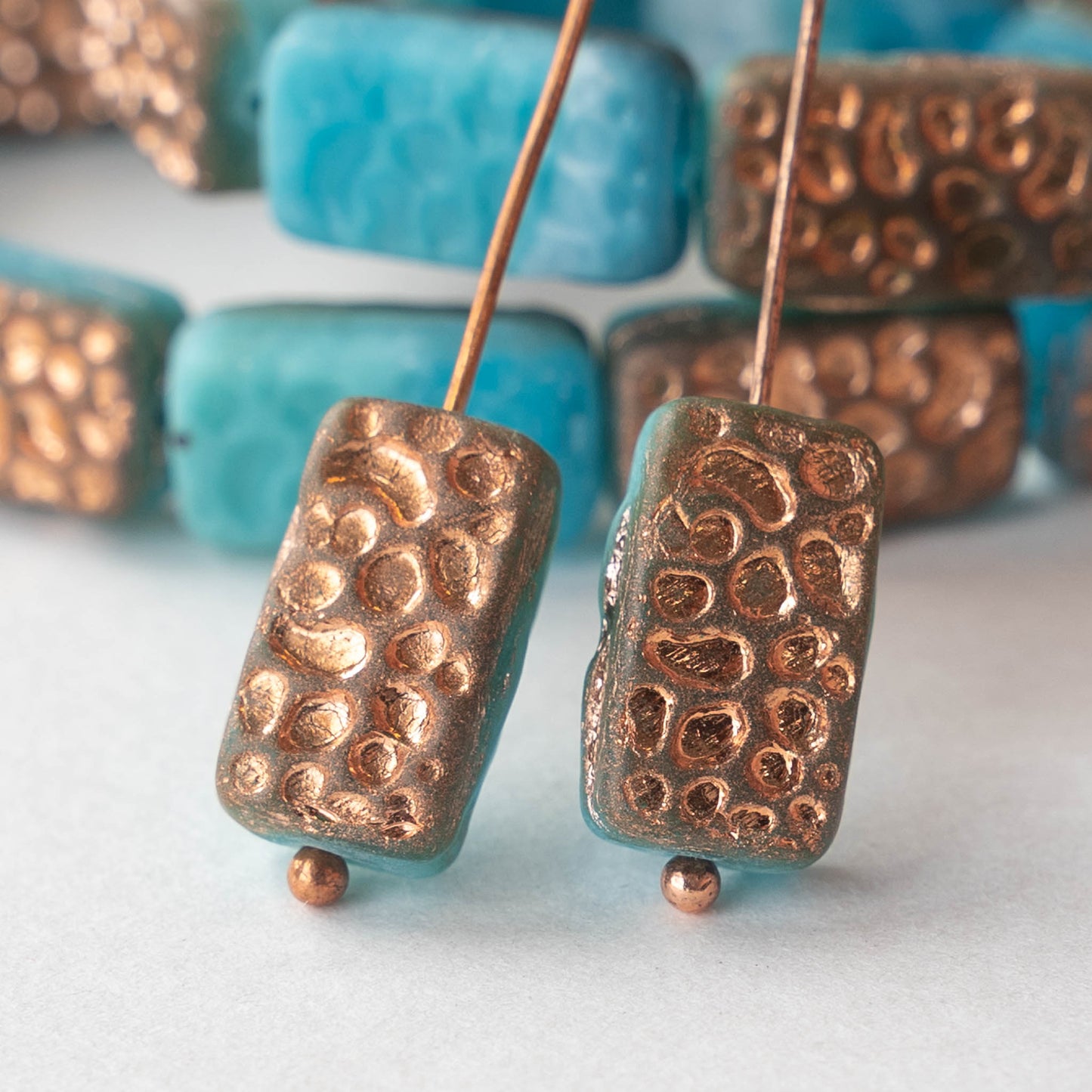 16mm Rectangle - Blue Aqua Mix with Copper Wash - 10 Beads