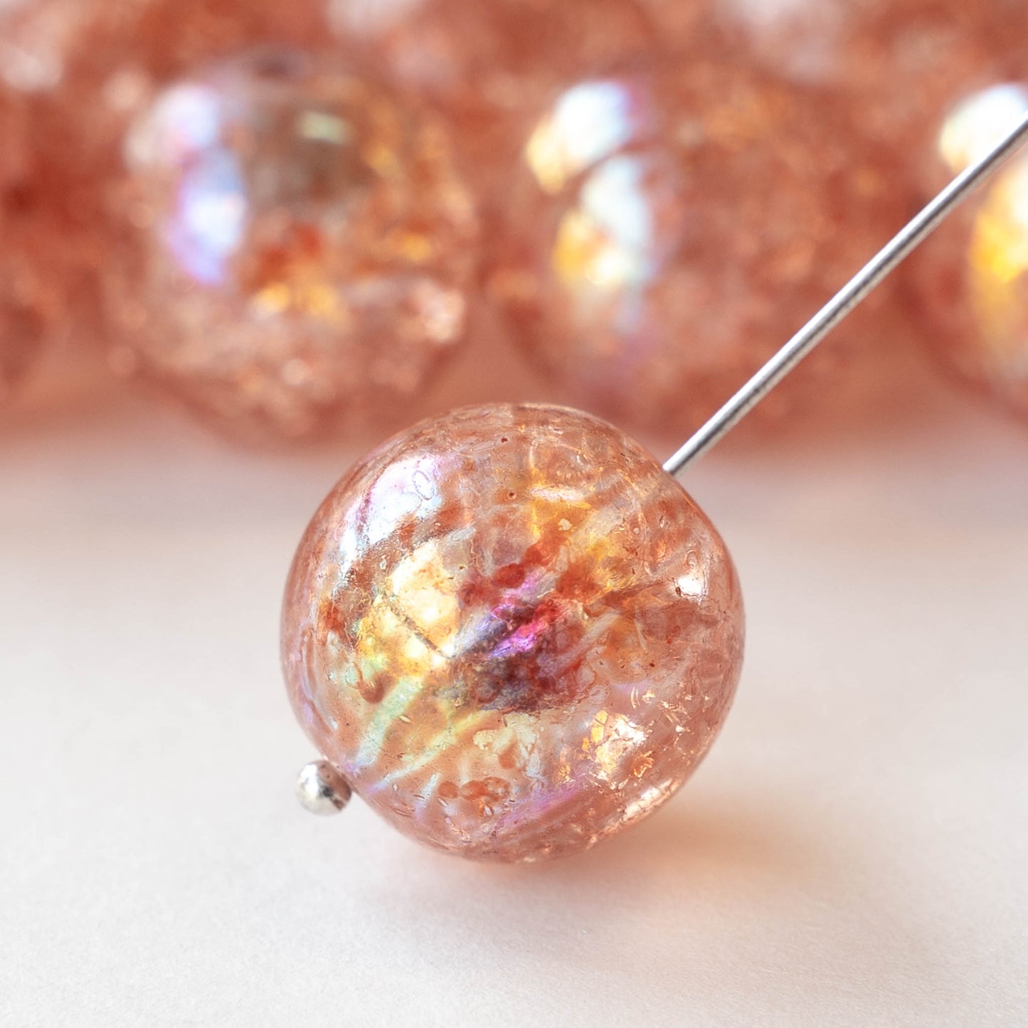 16mm Round Crackle Glass Beads - Peach AB - 2 beads