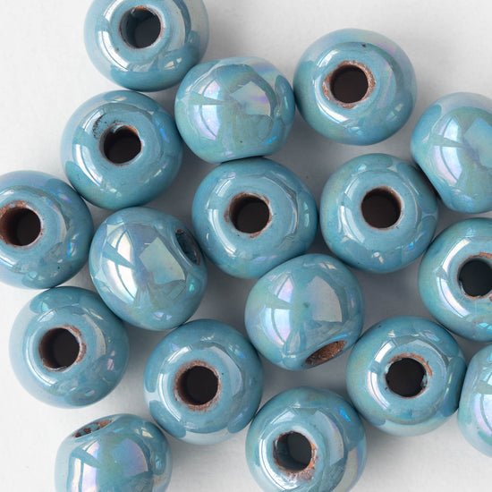 16mm Glazed Ceramic Round Beads - Iridescent lt. Blue - 4 or 12