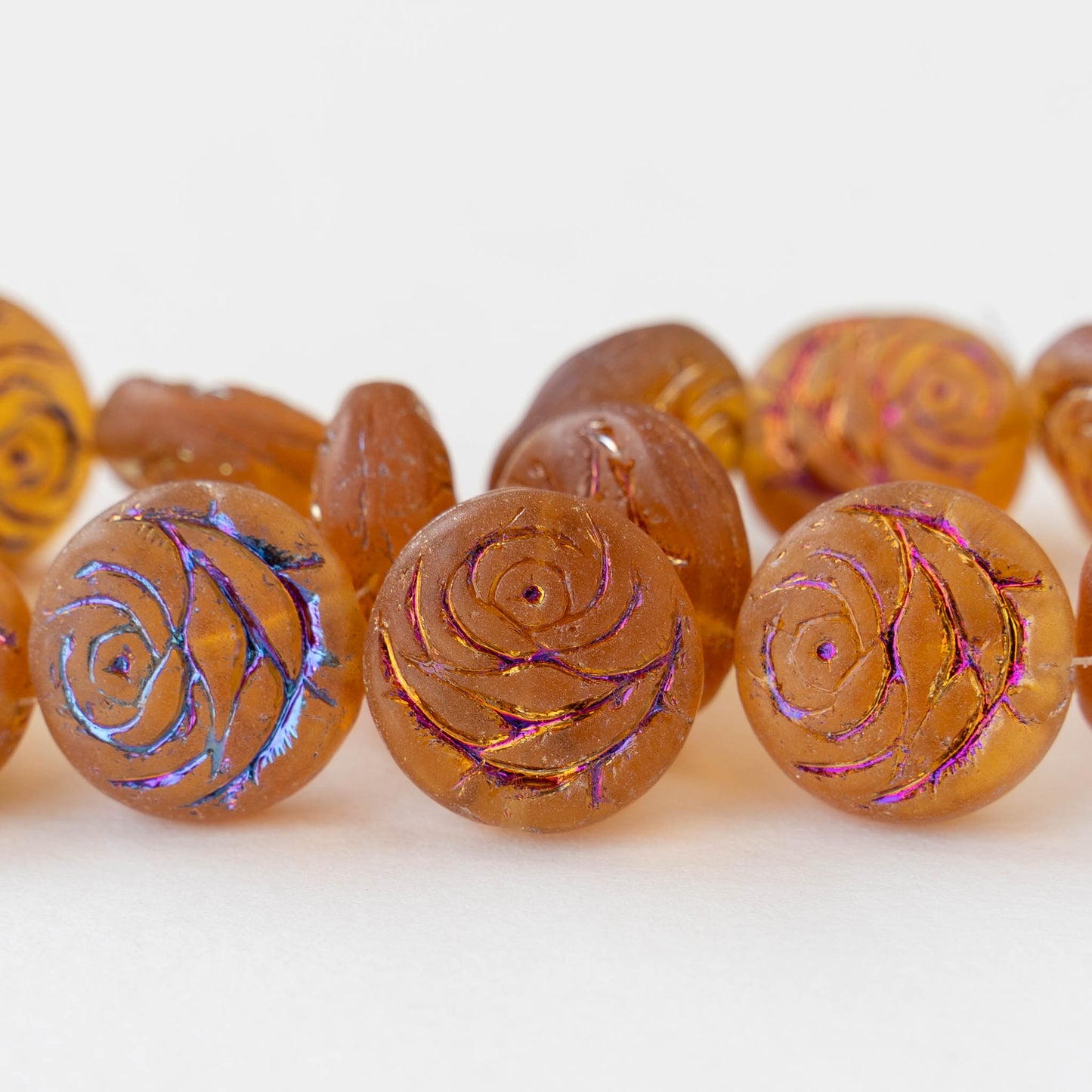17mm Glass Flower Coin Beads - Matte Amber with Iridescent Wash - 6 beads