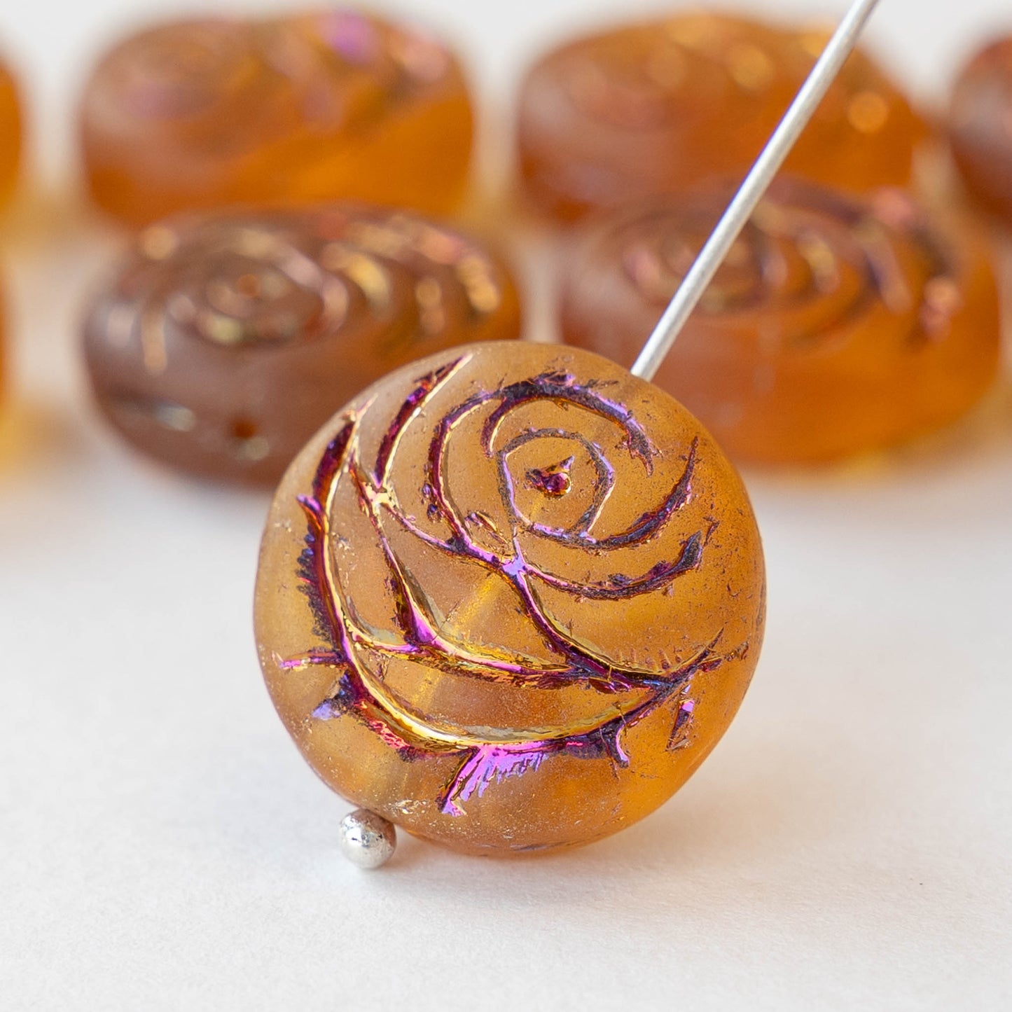 17mm Glass Flower Coin Beads - Matte Amber with Iridescent Wash - 6 beads