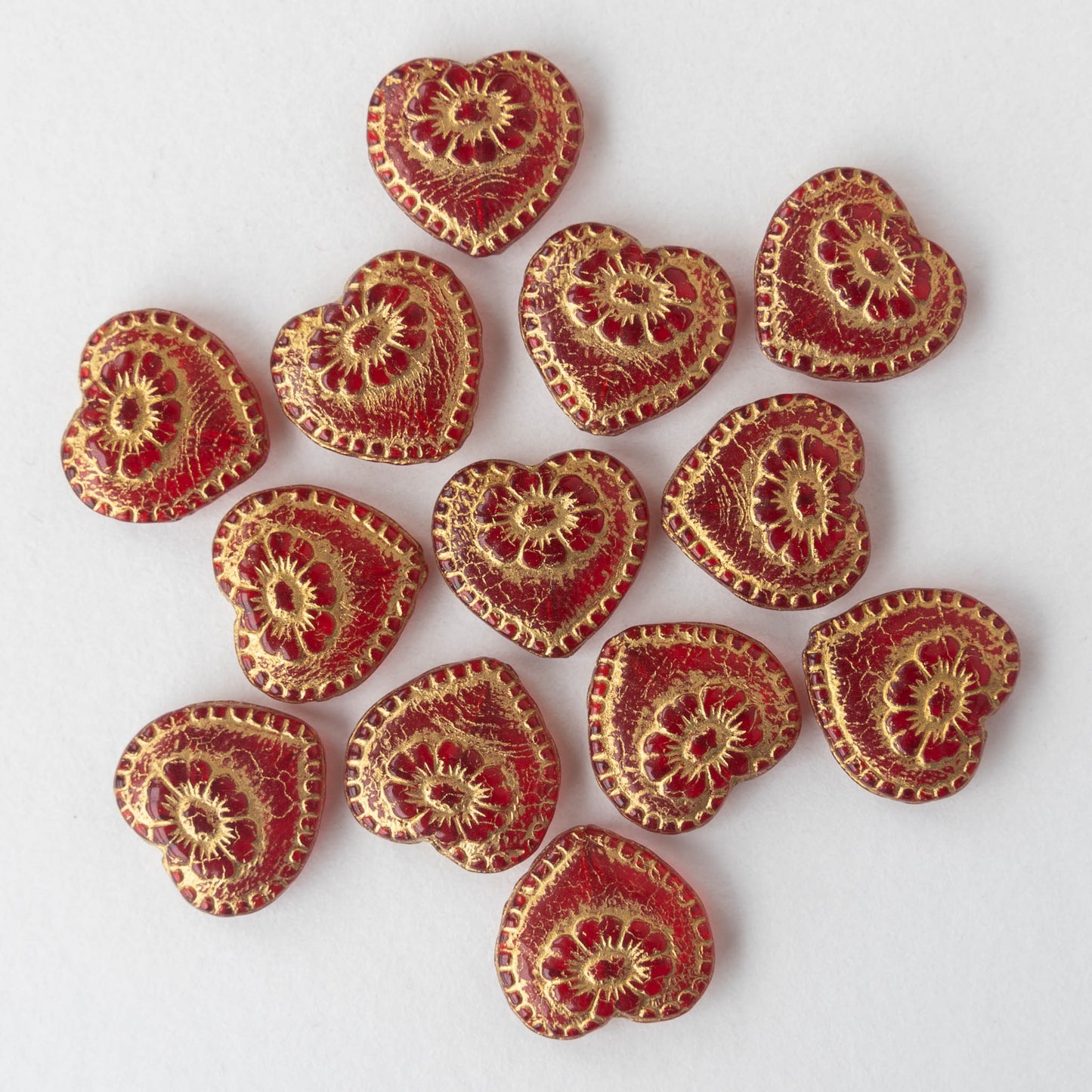 17mm Victorian Glass Heart Beads - Red - 4 or 12