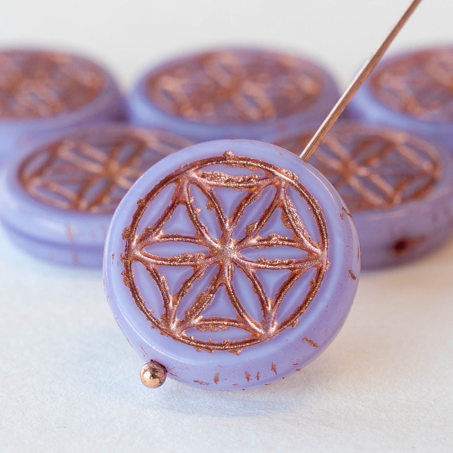 19mm Flower of Life Coin Bead - Lavender with Copper Wash - 4 beads