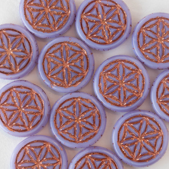 19mm Flower of Life Coin Bead - Lavender with Copper Wash - 4 beads