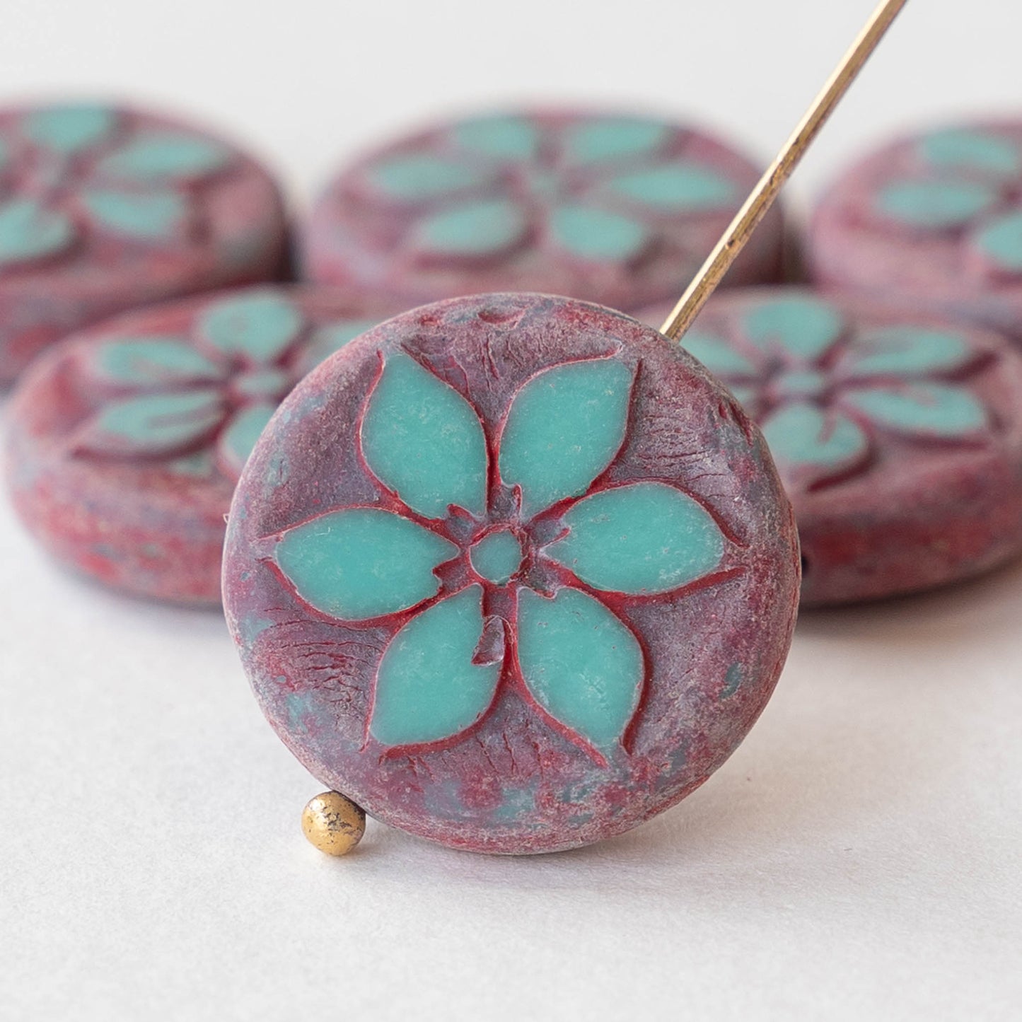 18mm Coin Flower Beads - Opaque Turquoise with Pink - 2 beads