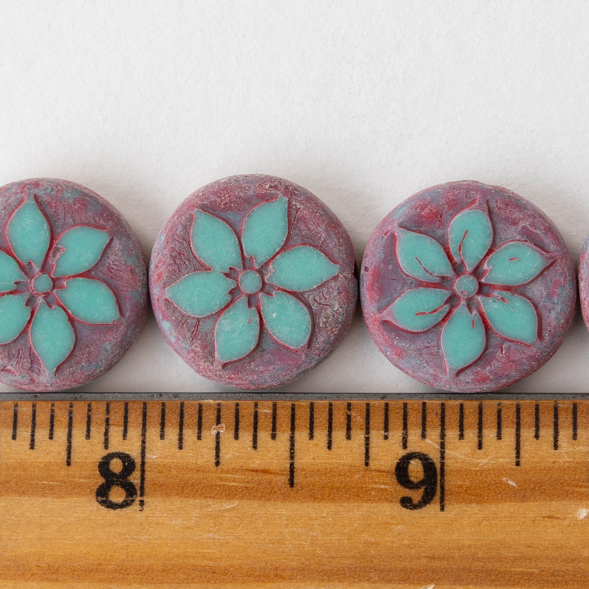 18mm Coin Flower Beads - Opaque Turquoise with Pink - 2 beads –  funkyprettybeads