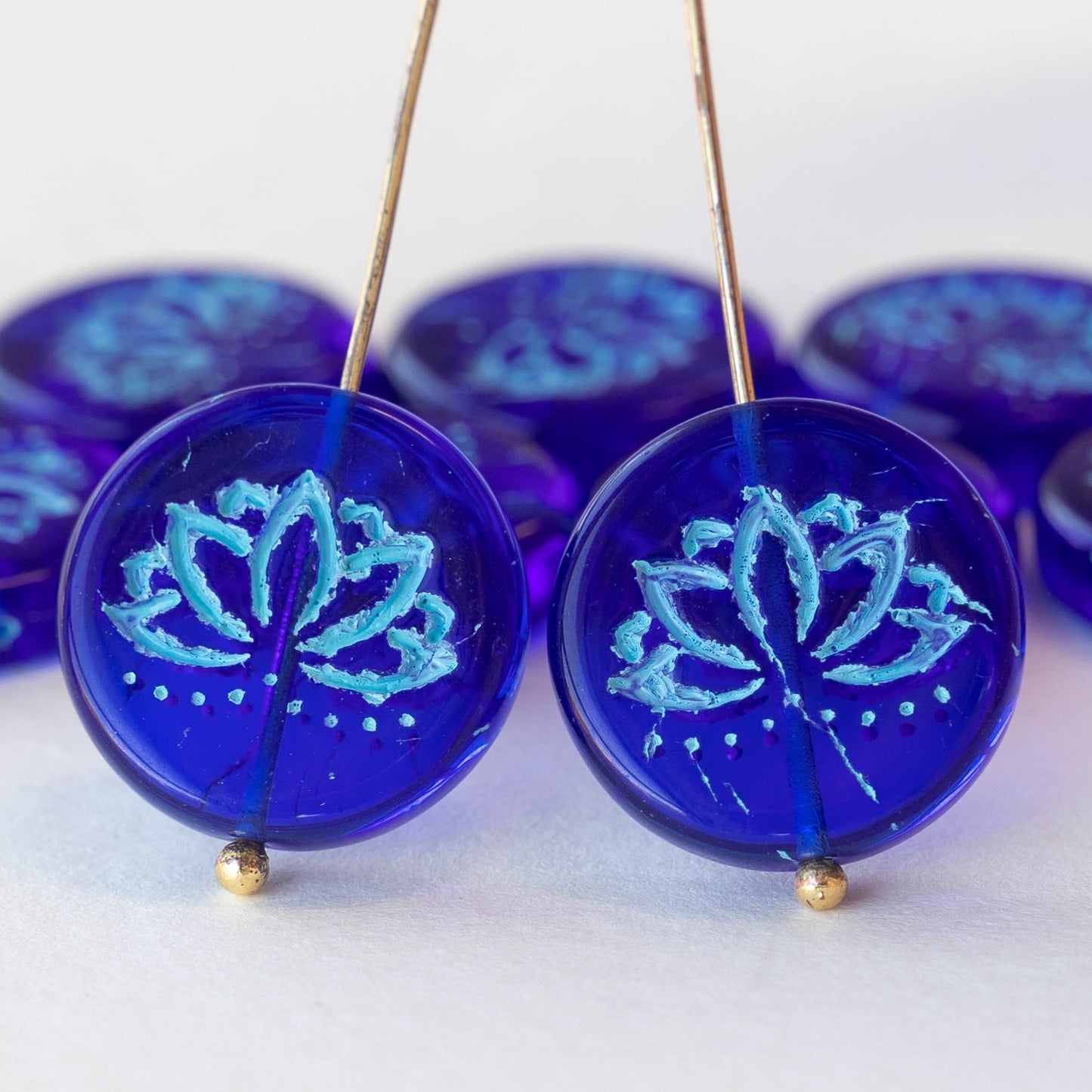 18mm Glass Lotus Flower Beads - Blue on Blue - 4 beads